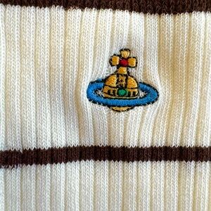 NEW. Vivienne Westwood striped crew socks w/detailed embroidered logo. Designer.
